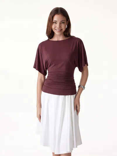 Oglmove Boatneck Batwing Sleeve Side Ruched Top In Jujube Red