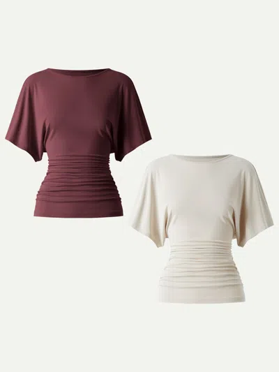 Oglmove Boatneck Batwing Sleeve Side Ruched Top In Morning Mist/jujube Red