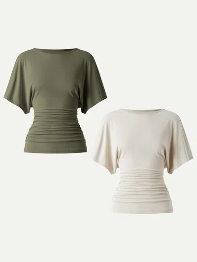 Oglmove Boatneck Batwing Sleeve Side Ruched Top In Morning Mist/olive