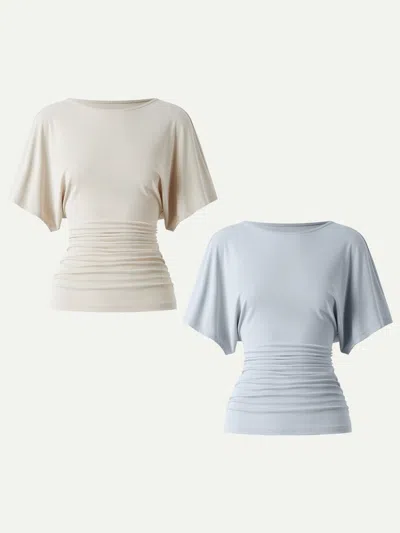 Oglmove Boatneck Batwing Sleeve Side Ruched Top In Morning Mist/smoke Blue