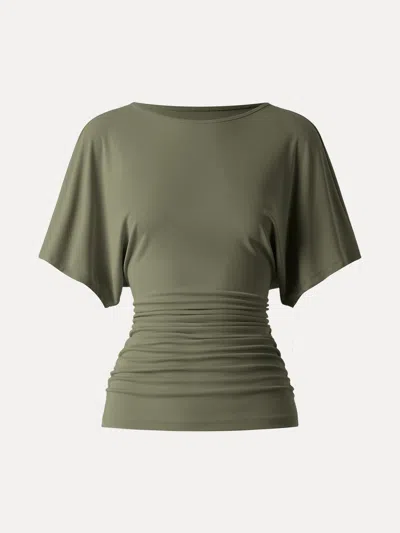 Oglmove Boatneck Batwing Sleeve Side Ruched Top In Olive