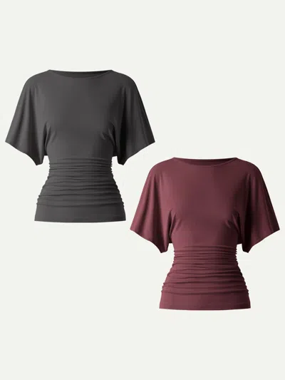 Oglmove Boatneck Batwing Sleeve Side Ruched Top In Shadow/jujube Red