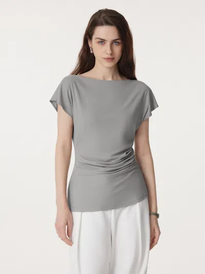 Oglmove Boatneck Flutter Sleeve Side Tucked Long Tee