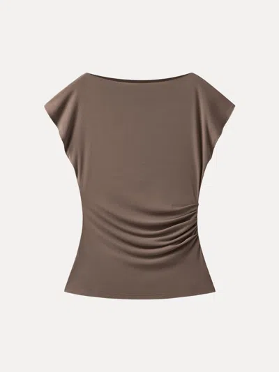 Oglmove Boatneck Flutter Sleeve Side Tucked Long Tee