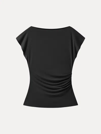 Oglmove Boatneck Flutter Sleeve Side Tucked Long Tee In Black