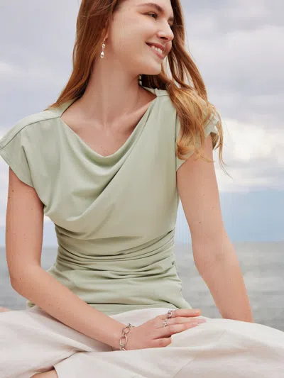 Oglmove Boatneck Flutter Sleeve Side Tucked Long Tee In Green