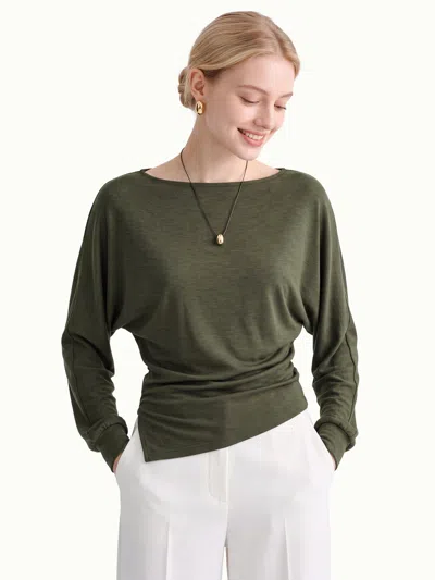 Oglmove Boatneck Long Sleeve Asymmetrical Hem Top In Green