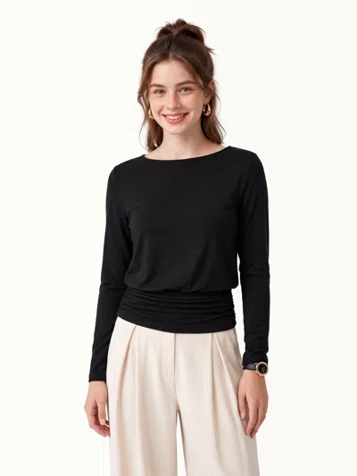 Oglmove Boatneck Long Sleeve Ruched Banded Hem Top In Black