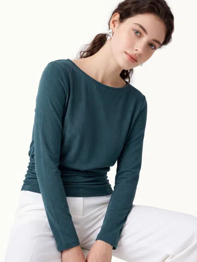 Oglmove Boatneck Long Sleeve Ruched Banded Hem Top In Forest Night