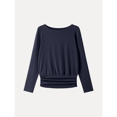 Oglmove Boatneck Long Sleeve Ruched Banded Hem Top In Smoky Navy
