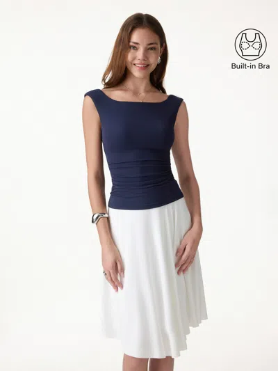 Oglmove Boatneck Low Back Gathered Bra Top In Blue