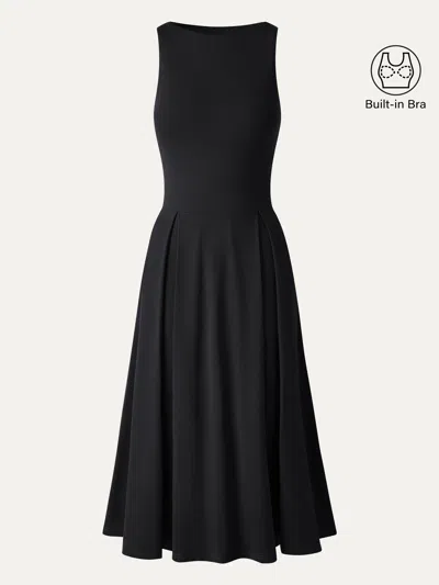 Oglmove Boatneck Pleated Fit-and-flare Midi Bra Dress With Pockets In Black