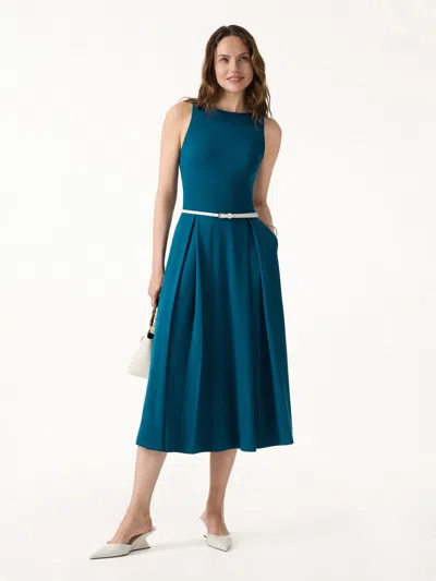 Oglmove Boatneck Pleated Fit-and-flare Midi Bra Dress With Pockets In Blue