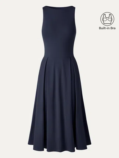 Oglmove Boatneck Pleated Fit-and-flare Midi Bra Dress With Pockets In Blue