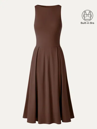 Oglmove Boatneck Pleated Fit-and-flare Midi Bra Dress With Pockets In Brown