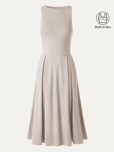 Oglmove Boatneck Pleated Fit-and-flare Midi Bra Dress With Pockets In Neutral