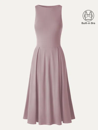 Oglmove Boatneck Pleated Fit-and-flare Midi Bra Dress With Pockets In Pink