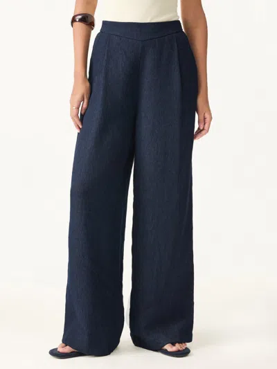 Oglmove Breezy Linen Mid Rise Wide Leg Pant With Pockets In Blue
