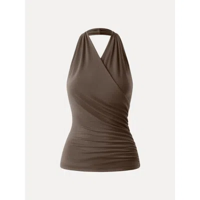 Oglmove Buttery Smooth Surplice Halter Neck Sculpt Tank In Brown