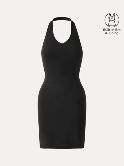 Oglmove Classic Halter Neck Opend Back Mini Bra Dress In Black
