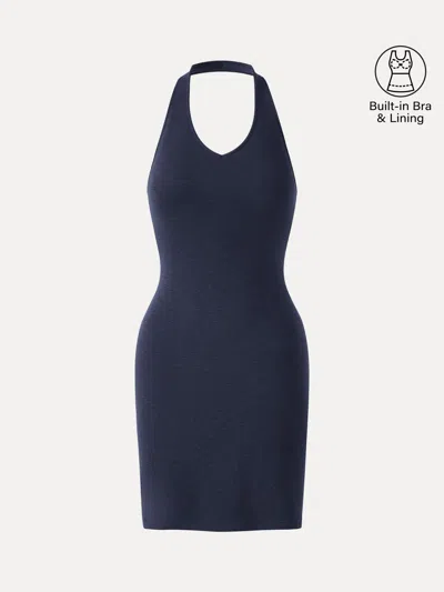 Oglmove Classic Halter Neck Opend Back Mini Bra Dress In Blue
