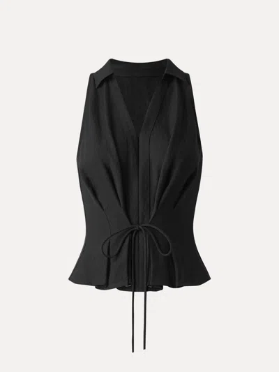 Oglmove Collared V-neck Pleated Sleeveless Top With Drawstring In Black