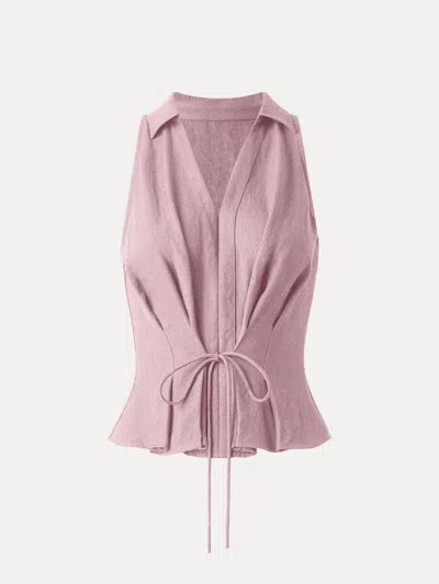 Oglmove Collared V-neck Pleated Sleeveless Top With Drawstring In Pink