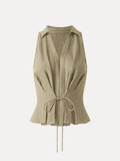 Oglmove Collared V-neck Pleated Sleeveless Top With Drawstring In Sand