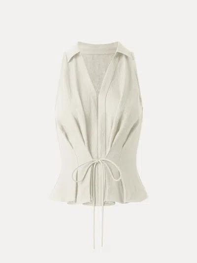 Oglmove Collared V-neck Pleated Sleeveless Top With Drawstring In White