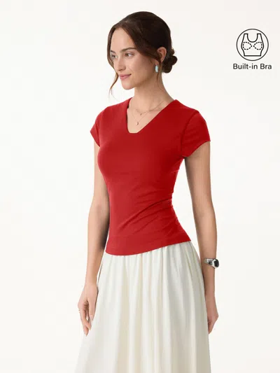 Oglmove Cool Smooth V-neck Cap Sleeve Bra Top In Red