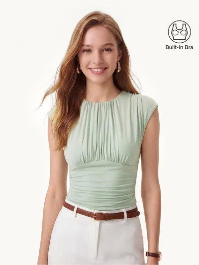 Oglmove Cooling Skinkiss Ruched Round Neck Cap Sleeve Bra Top In Green
