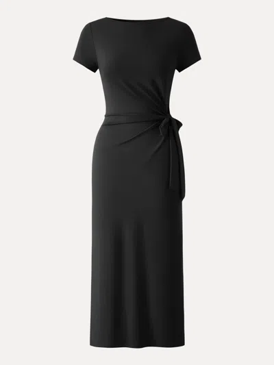 Oglmove Cooling Wrinkle-resistant Side Waist Tie Midi Dress With Slit In Black