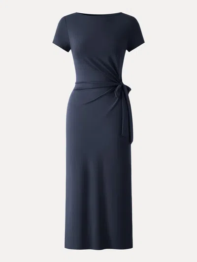 Oglmove Cooling Wrinkle-resistant Side Waist Tie Midi Dress With Slit In Blue