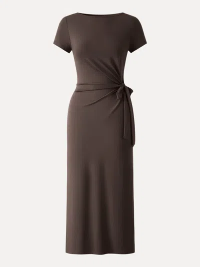 Oglmove Cooling Wrinkle-resistant Side Waist Tie Midi Dress With Slit In Brown