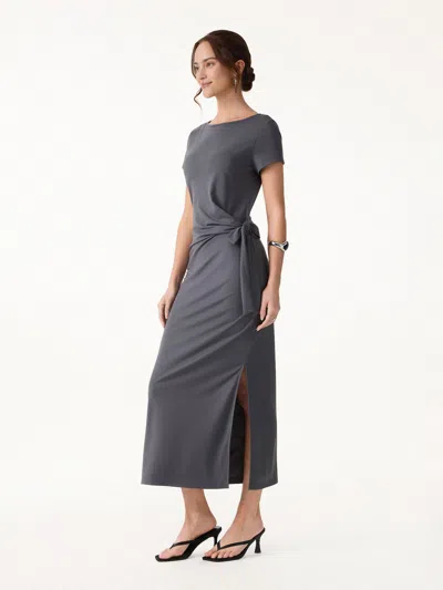 Oglmove Cooling Wrinkle-resistant Side Waist Tie Midi Dress With Slit In Gray