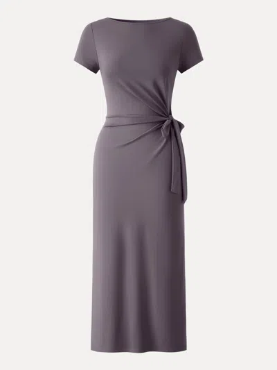 Oglmove Cooling Wrinkle-resistant Side Waist Tie Midi Dress With Slit In Gray