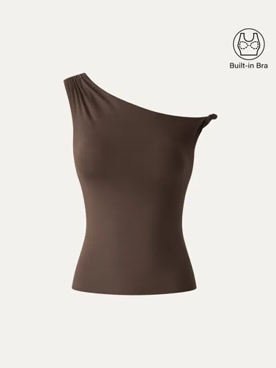 Oglmove Cooltouch Asymmetrical Shoulder Bra Top In Brown