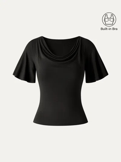 Oglmove Cooltouch Cowl Neck Flutter Sleeve Bra Top In Black