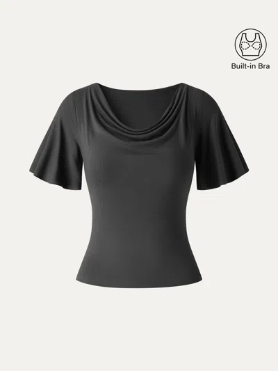 Oglmove Cooltouch Cowl Neck Flutter Sleeve Bra Top In Black