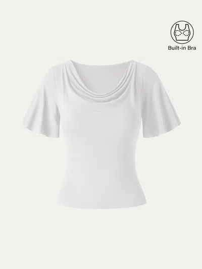 Oglmove Cooltouch Cowl Neck Flutter Sleeve Bra Top In White