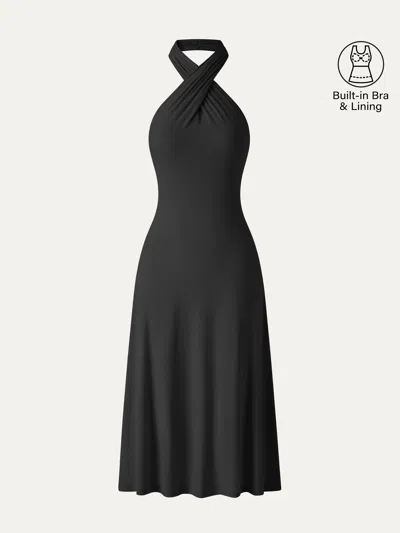Oglmove Cooltouch Criss-cross Halter Open-back Midi Bra Dress In Black