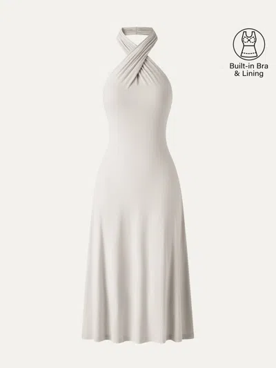 Oglmove Cooltouch Criss-cross Halter Open-back Midi Bra Dress In Gray