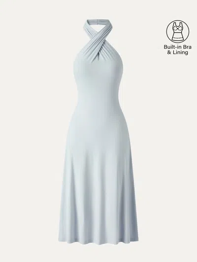 Oglmove Cooltouch Criss-cross Halter Open-back Midi Bra Dress In Gray