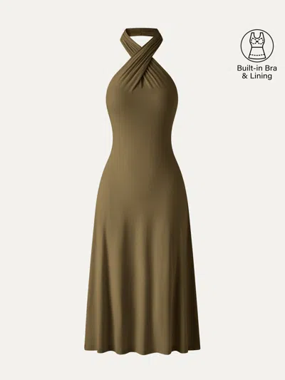 Oglmove Cooltouch Criss-cross Halter Open-back Midi Bra Dress In Green
