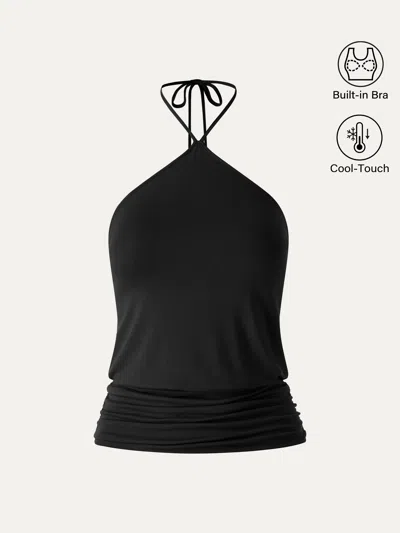 Oglmove Cooltouch Halter Ruched Hem Bra Top In Black