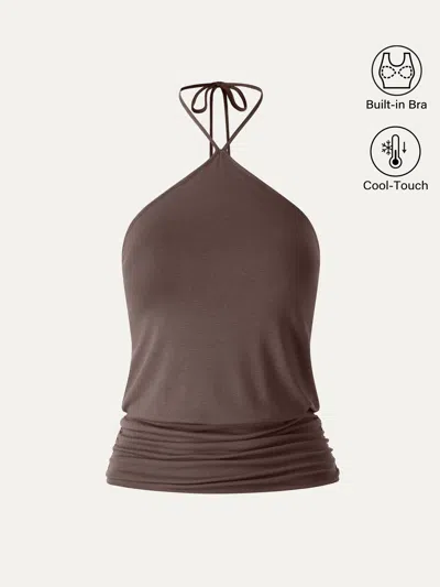 Oglmove Cooltouch Halter Ruched Hem Bra Top In Brown