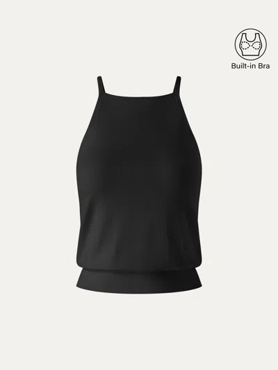 Oglmove Cooltouch High Square Neck Banded Hem Bra Top In Black