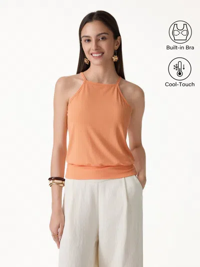 Oglmove Cooltouch High Square Neck Banded Hem Bra Top In Orange