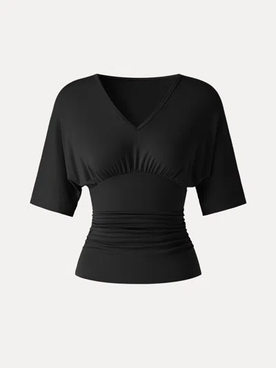 Oglmove Cooltouch V-neck Ruched Short Sleeve Summer Tee In Black