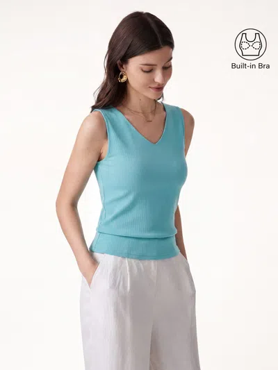 Oglmove Cooltouch V-neck Wide Shoulder Bra Tank In Iced Aqua Blue